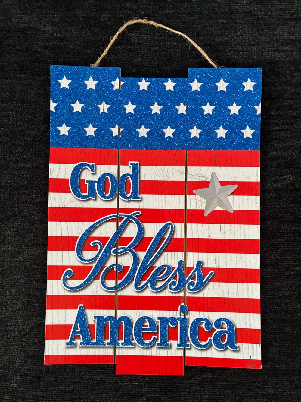 NWT- Glittered Patriotic- God Bless America - Wooden Hanging Flag Decor Sign
